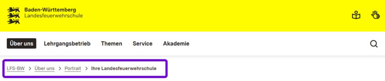 Leichte Sprache: Ansicht Brotkrumenpfad auf der Seite Ihre Landesfeuerwehrschule