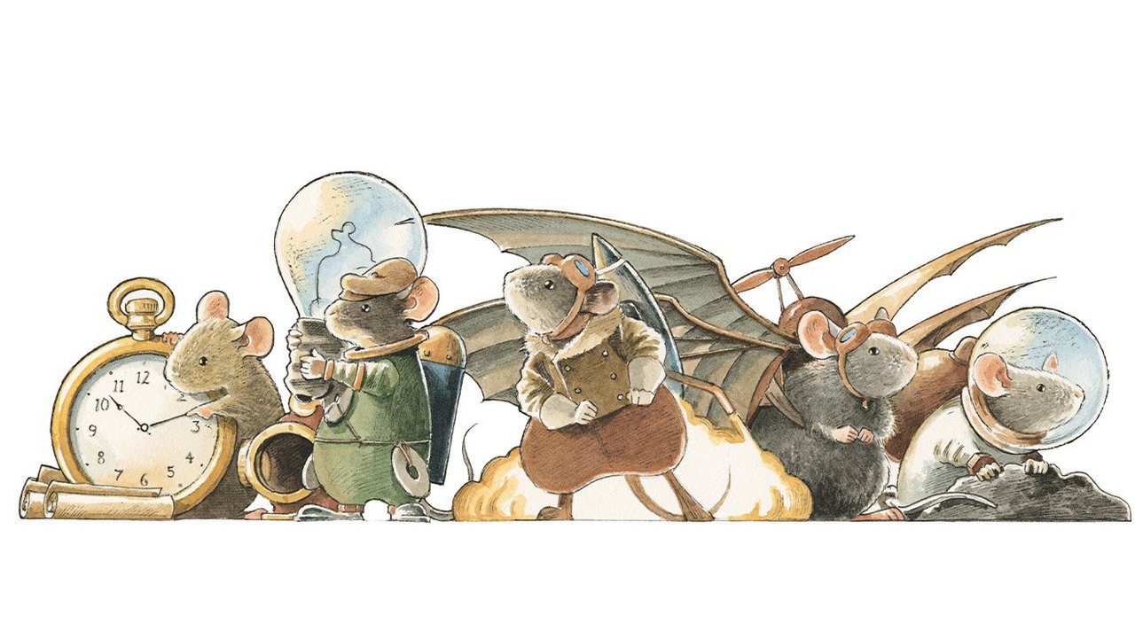 Das Foto zeigt eine Illustration auf der fünf Mäuse abgebildet sind. Zwischen den Mäusen sieht man einen Wecker, eine Glühbirne und ein Flugzeug