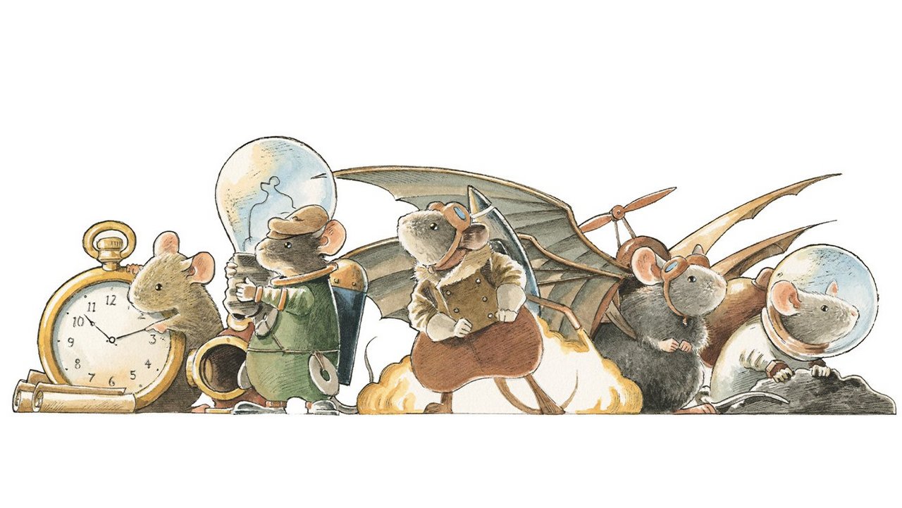 Das Foto zeigt eine Illustration auf der fünf Mäuse abgebildet sind. Zwischen den Mäusen sieht man einen Wecker, eine Glühbirne und ein Flugzeug