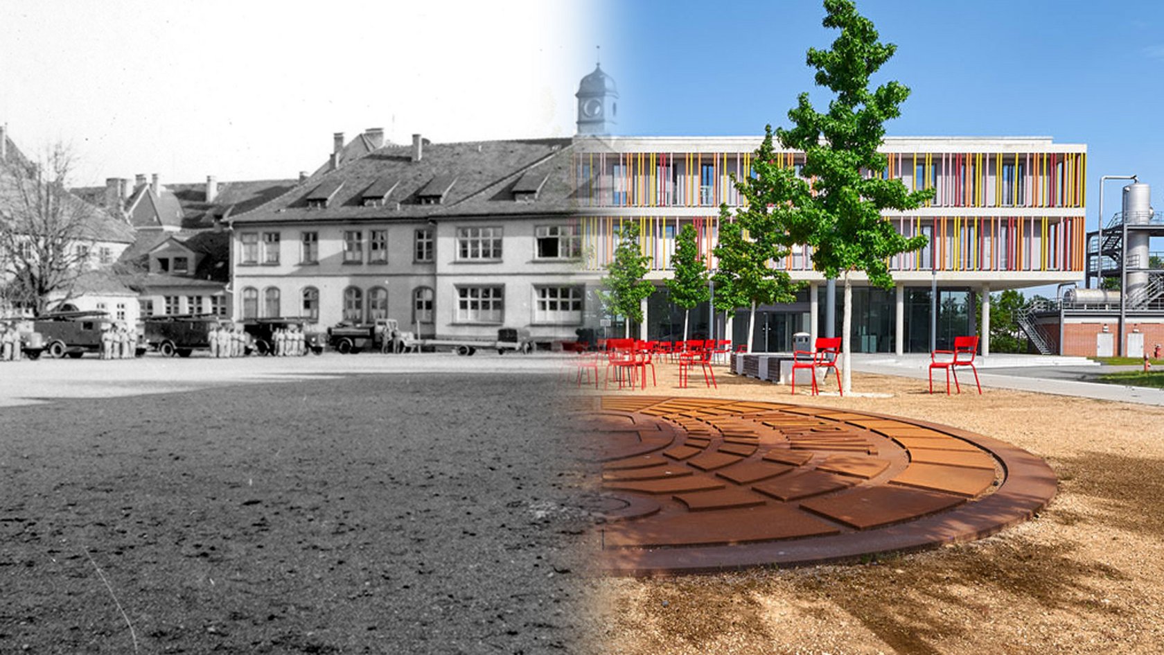 Die Hauptgebäude der LFS damals in der Kasernenstraße und heute "Im Wendelrot"