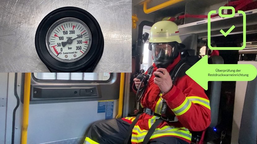 Feuerwehrangehöriger der gerade sein Atemschutzgerät überprüft