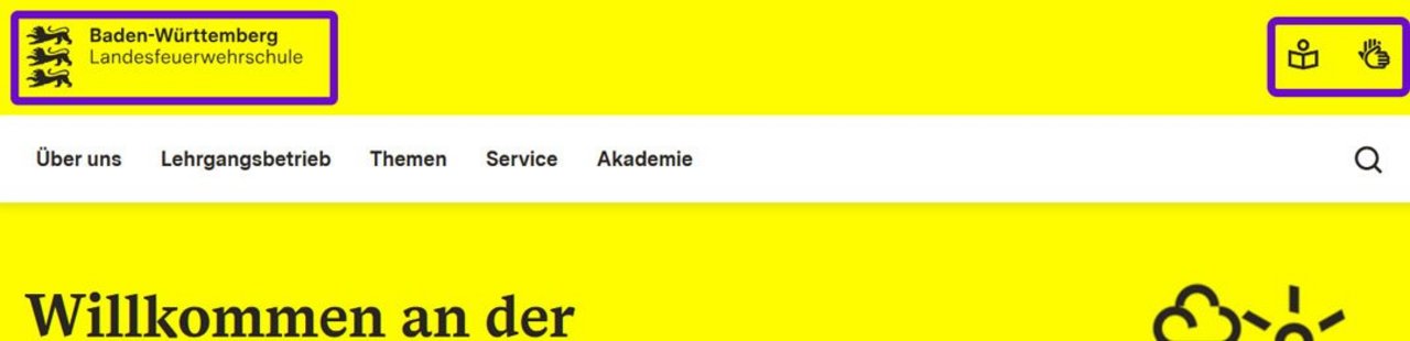 Leichte Sprache: Ansicht der Kofzeile auf der Startseite