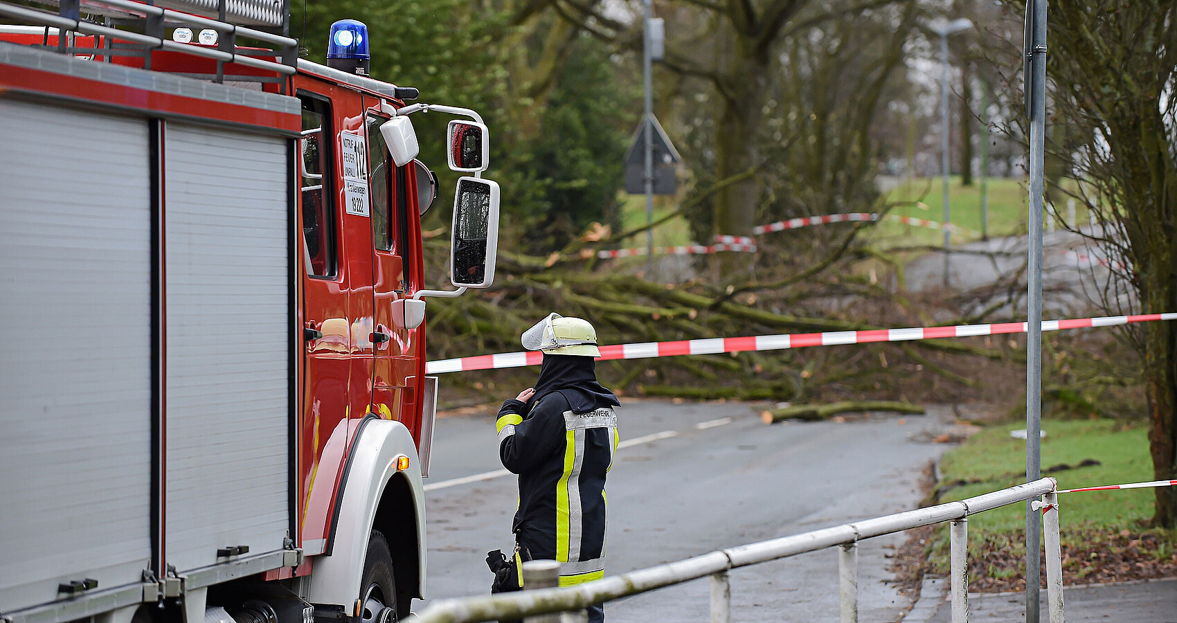 Feuerwehrfahrzeug und Einsatzkraft vor einem umgestürzten Baum der quer über eine Straße liegt