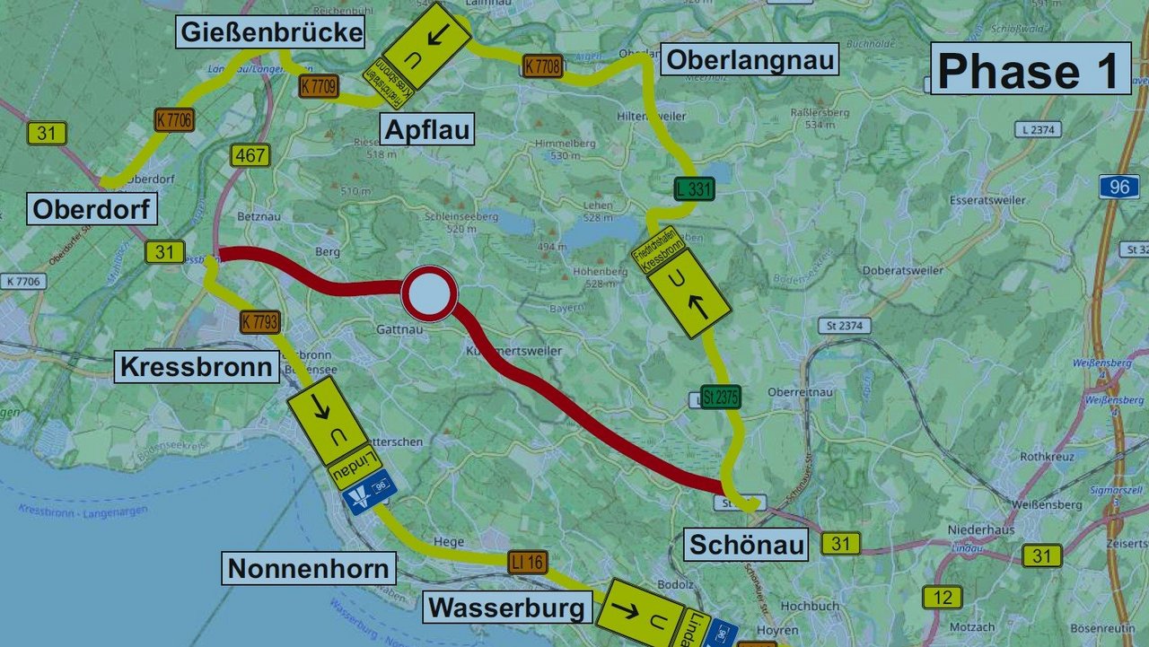 Das Foto zeigt die Umleitungsskizze B 31 zur Fahrbahnsanierung zwischen Kressbronn und der Landesgrenze 