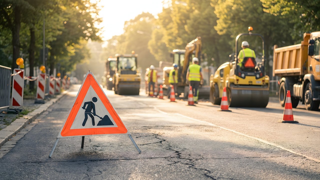 Straße mit rissen im Asphalt auf dem ein Baustellenschild steht. Im Hintergrund wird der Asphalt erneuert. 