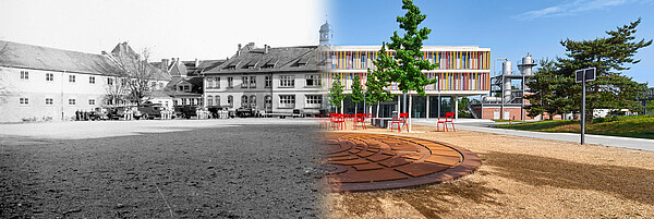 Die Hauptgebäude der LFS damals in der Kasernenstraße und heute "Im Wendelrot"