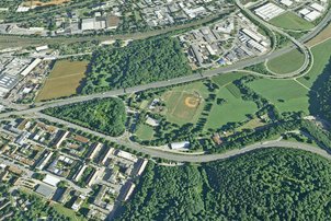 Das Luftbild zeigt den derzeitigen Verlauf der B 27 und B 28 im Bereich des künftigen Knotens Nord