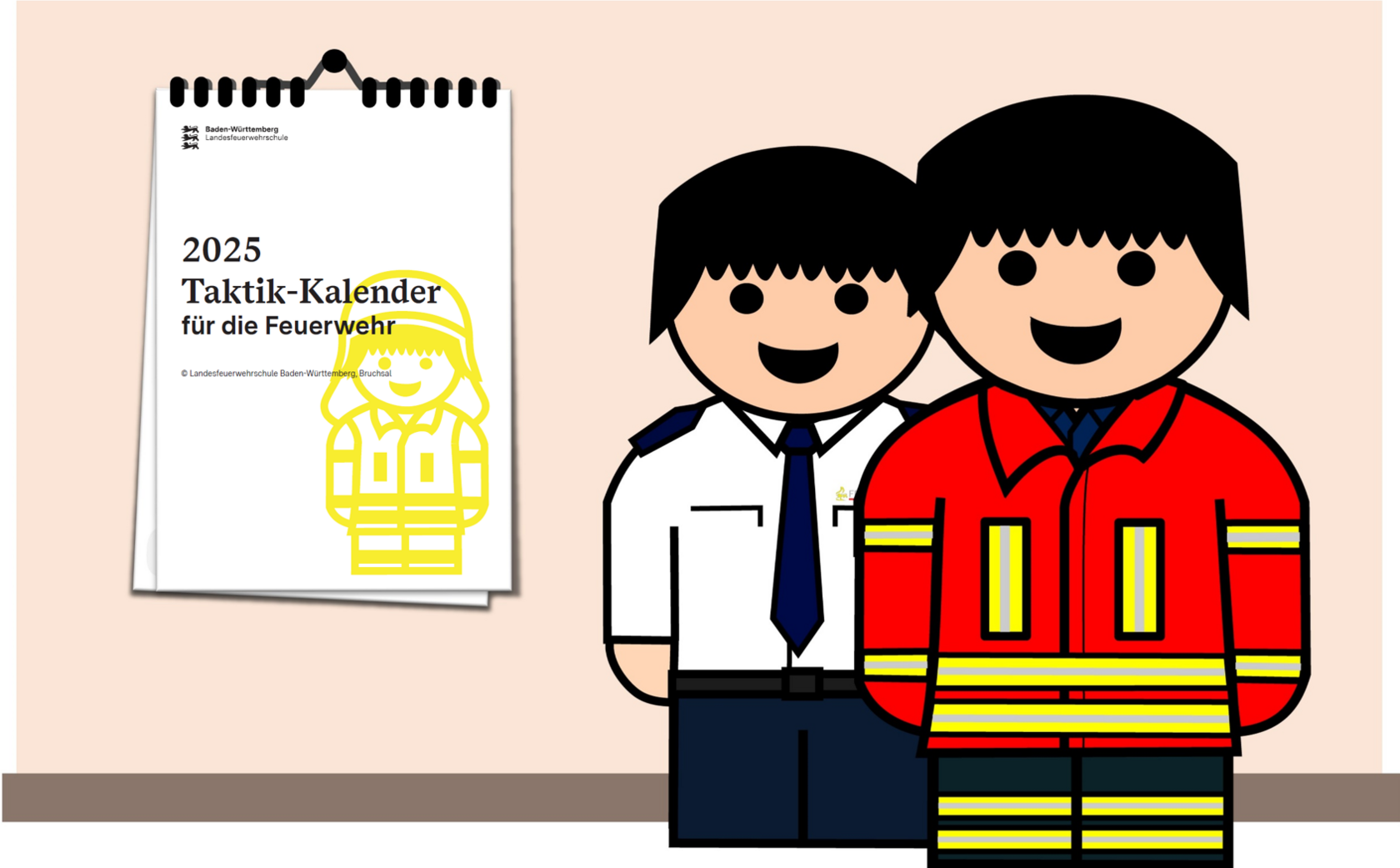 Comiczeichnung, zwei Feuerwehrangehörige, einer mit Tagesuniform und einer mit Einsatzuniform stehen vor einer Wand an der ein Kalender hängt