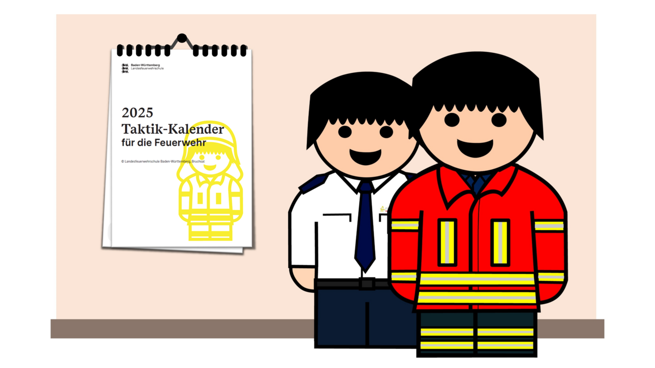 Comiczeichnung, zwei Feuerwehrangehörige, einer mit Tagesuniform und einer mit Einsatzuniform stehen vor einer Wand an der ein Kalender hängt