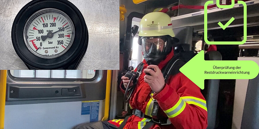 Feuerwehrangehöriger der gerade sein Atemschutzgerät überprüft