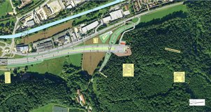 Luftbildaufnahme Anschluss Süd „Bläsisbad“ (2013): Variante mit Erschließungsstraße (Bürgerdialogvariante) (Zur Vergrößerung Bild anklicken)