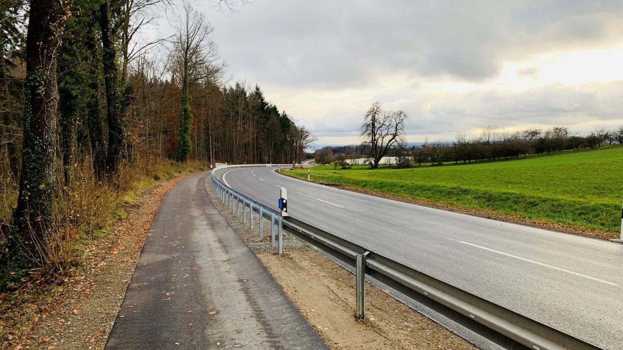Das Foto zeigt den Radweg entlang der L 195 der am Waldrand entlang führt. Leitplanken trennen die Straße und den Radweg