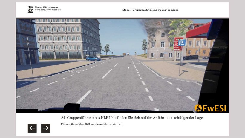 Screenshot eines Webbasedtraining in dem ein Brand zu sehen ist