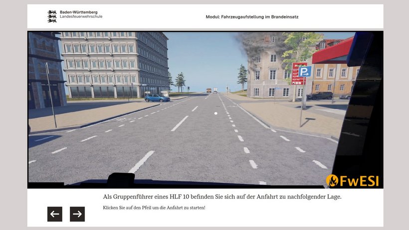 Screenshot eines Webbasedtraining in dem ein Brand zu sehen ist