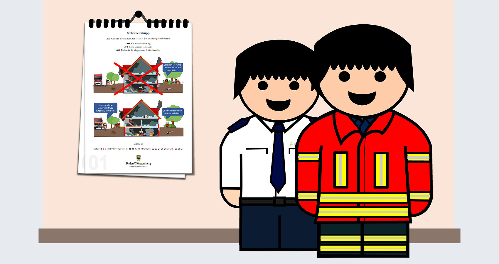 Comiczeichnung, zwei Feuerwehrangehörige, einer mit Tagesuniform und einer mit Einsatzuniform stehen vor einer Wand an der ein Kalender hängt