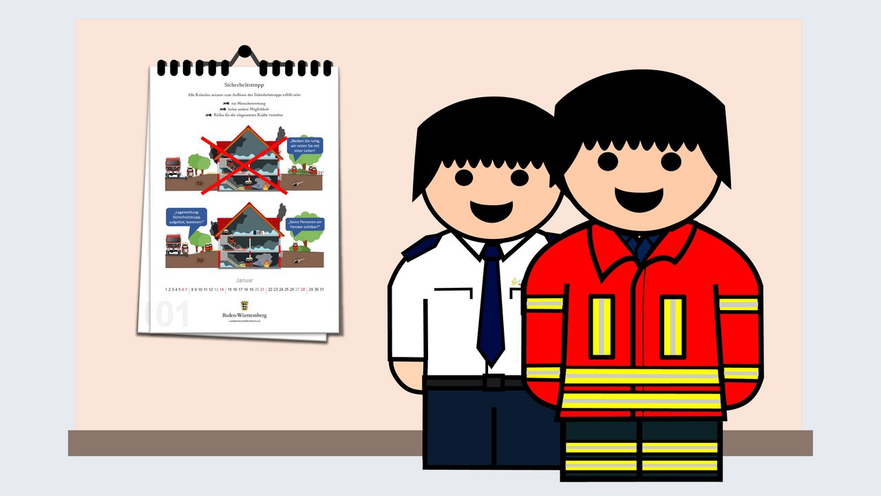 Comiczeichnung, zwei Feuerwehrangehörige, einer mit Tagesuniform und einer mit Einsatzuniform stehen vor einer Wand an der ein Kalender hängt